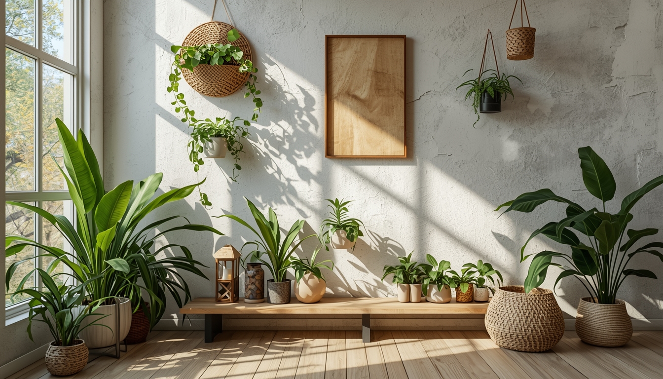 Sustainable home interior with natural materials and plants