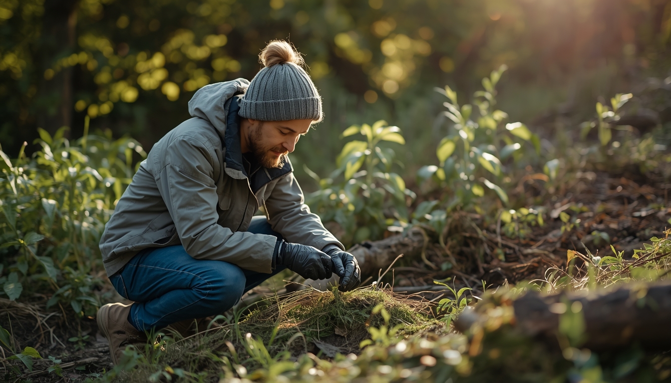 Person practicing sustainable lifestyle habits outdoors