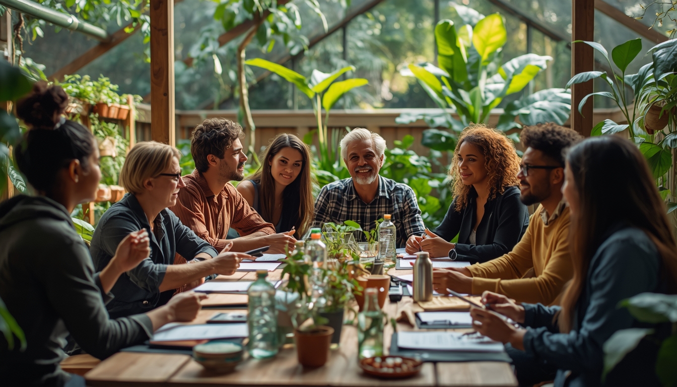Community members gathering for sustainable living workshop